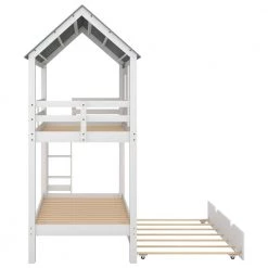 White Twin Size Wood House Bunk Bed with Trundle and Guardrail, Low Floor Wood Kids Bunk Bed Frame with Roof and Windows by ANBAZAR -ANBAZAR Sales white anbazar bunk beds 01694anna k fa 1000