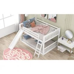 White Full Over Full Low Floor Bunk Beds with Convertible Ladder and Slide, Wooden Kids Bunk Bed Frame for Boys Girls by ANBAZAR -ANBAZAR Sales white anbazar bunk beds 01696anna k 31 1000