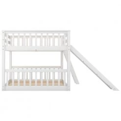 White Full Over Full Low Floor Bunk Beds with Convertible Ladder and Slide, Wooden Kids Bunk Bed Frame for Boys Girls by ANBAZAR -ANBAZAR Sales white anbazar bunk beds 01696anna k 44 1000