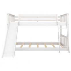 White Full Over Full Low Floor Bunk Beds with Convertible Ladder and Slide, Wooden Kids Bunk Bed Frame for Boys Girls by ANBAZAR -ANBAZAR Sales white anbazar bunk beds 01696anna k 4f 1000