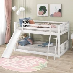 White Full Over Full Low Floor Bunk Beds with Convertible Ladder and Slide, Wooden Kids Bunk Bed Frame for Boys Girls by ANBAZAR -ANBAZAR Sales white anbazar bunk beds 01696anna k c3 1000