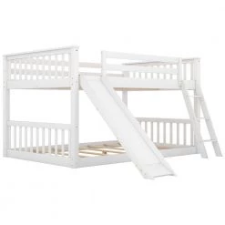 White Full Over Full Low Floor Bunk Beds with Convertible Ladder and Slide, Wooden Kids Bunk Bed Frame for Boys Girls by ANBAZAR -ANBAZAR Sales white anbazar bunk beds 01696anna k fa 1000