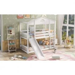 White Detachable Twin House Bunk Bed with Slide and Ladder, Wood Floor 2 Kids Bunk Bed Frame with Safety Rail by ANBAZAR 17 White Detachable Twin House Bunk Bed with Slide and Ladder, Wood Floor 2 Kids Bunk Bed Frame with Safety Rail by ANBAZAR -ANBAZAR Sales white anbazar bunk beds 01702anna k 31 1000