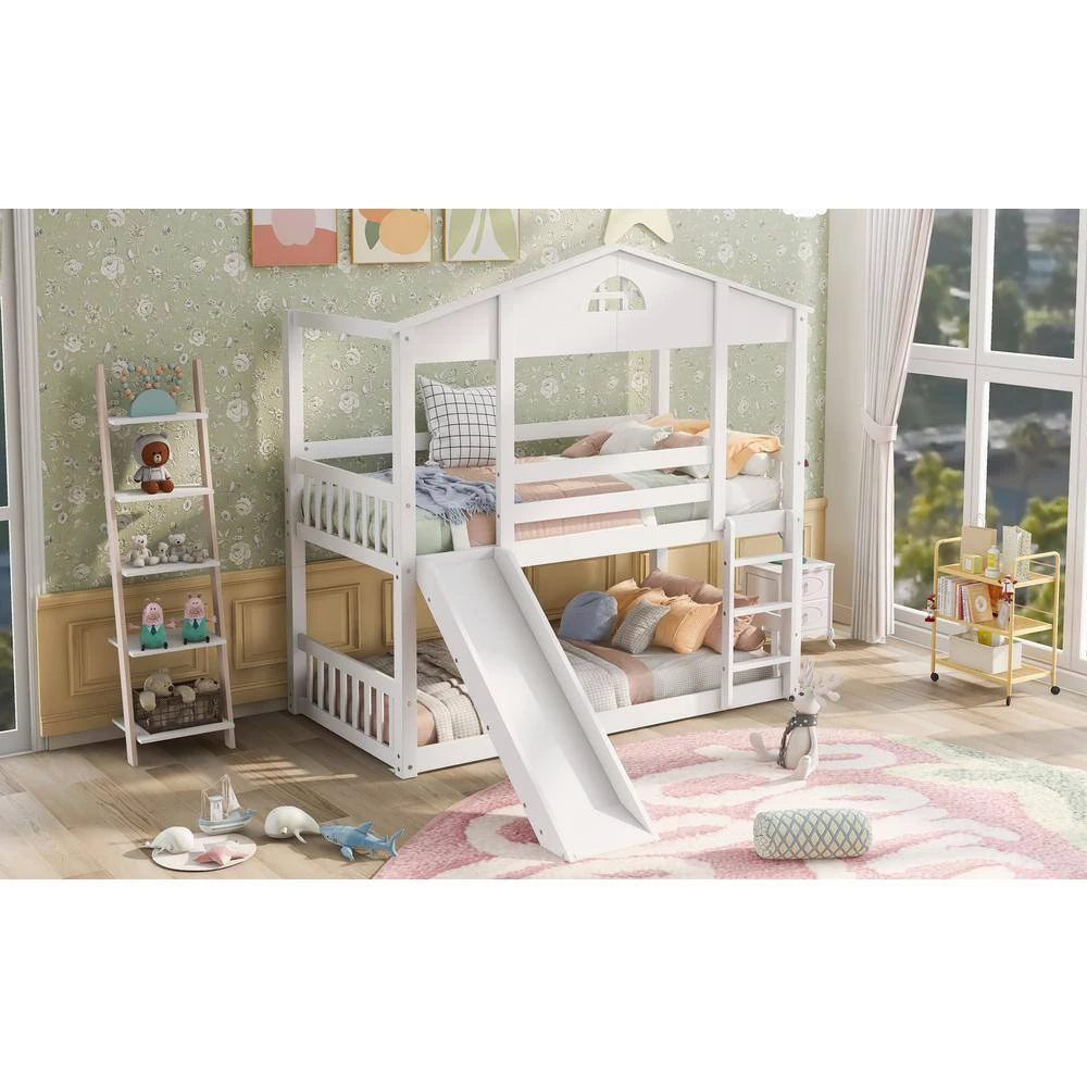 White Detachable Twin House Bunk Bed with Slide and Ladder, Wood Floor 2 Kids Bunk Bed Frame with Safety Rail by ANBAZAR 9 White Detachable Twin House Bunk Bed with Slide and Ladder, Wood Floor 2 Kids Bunk Bed Frame with Safety Rail by ANBAZAR - Image 9