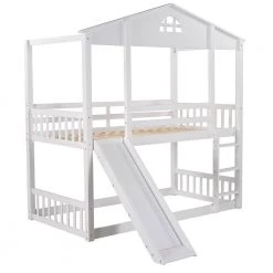 White Detachable Twin House Bunk Bed with Slide and Ladder, Wood Floor 2 Kids Bunk Bed Frame with Safety Rail by ANBAZAR 14 White Detachable Twin House Bunk Bed with Slide and Ladder, Wood Floor 2 Kids Bunk Bed Frame with Safety Rail by ANBAZAR -ANBAZAR Sales white anbazar bunk beds 01702anna k 44 1000
