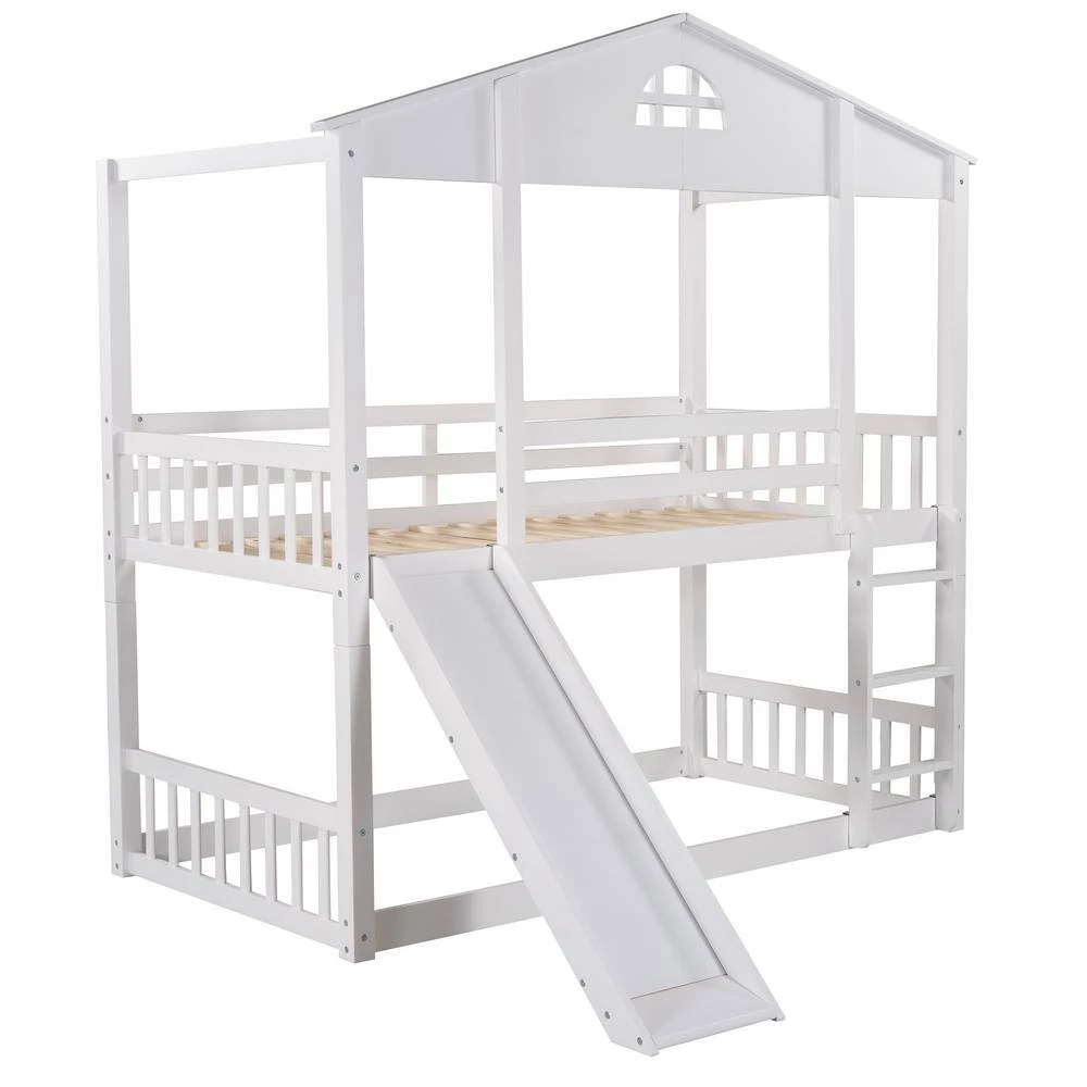 White Detachable Twin House Bunk Bed with Slide and Ladder, Wood Floor 2 Kids Bunk Bed Frame with Safety Rail by ANBAZAR 6 White Detachable Twin House Bunk Bed with Slide and Ladder, Wood Floor 2 Kids Bunk Bed Frame with Safety Rail by ANBAZAR - Image 6