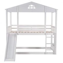 White Detachable Twin House Bunk Bed with Slide and Ladder, Wood Floor 2 Kids Bunk Bed Frame with Safety Rail by ANBAZAR 12 White Detachable Twin House Bunk Bed with Slide and Ladder, Wood Floor 2 Kids Bunk Bed Frame with Safety Rail by ANBAZAR -ANBAZAR Sales white anbazar bunk beds 01702anna k 4f 1000