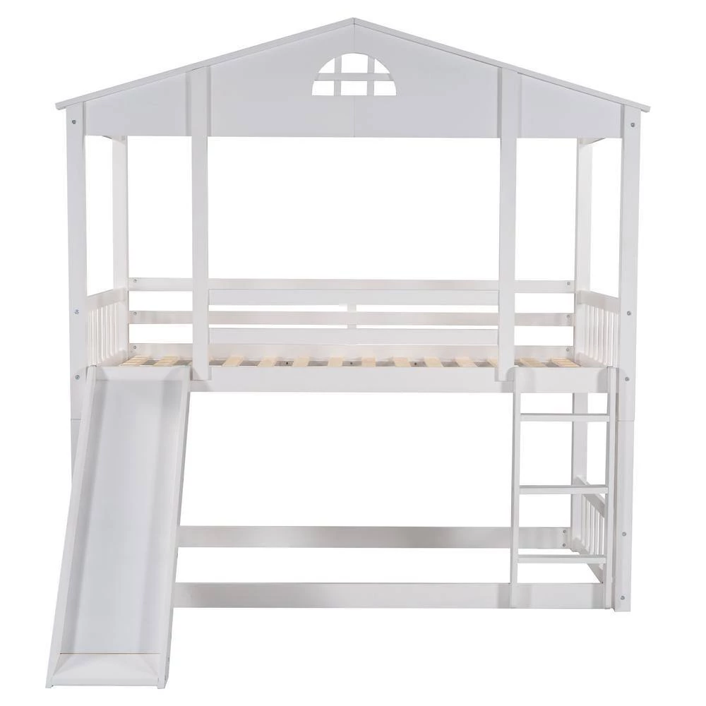 White Detachable Twin House Bunk Bed with Slide and Ladder, Wood Floor 2 Kids Bunk Bed Frame with Safety Rail by ANBAZAR 4 White Detachable Twin House Bunk Bed with Slide and Ladder, Wood Floor 2 Kids Bunk Bed Frame with Safety Rail by ANBAZAR - Image 4