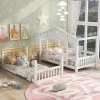 White Detachable Twin House Bunk Bed with Slide and Ladder, Wood Floor 2 Kids Bunk Bed Frame with Safety Rail by ANBAZAR