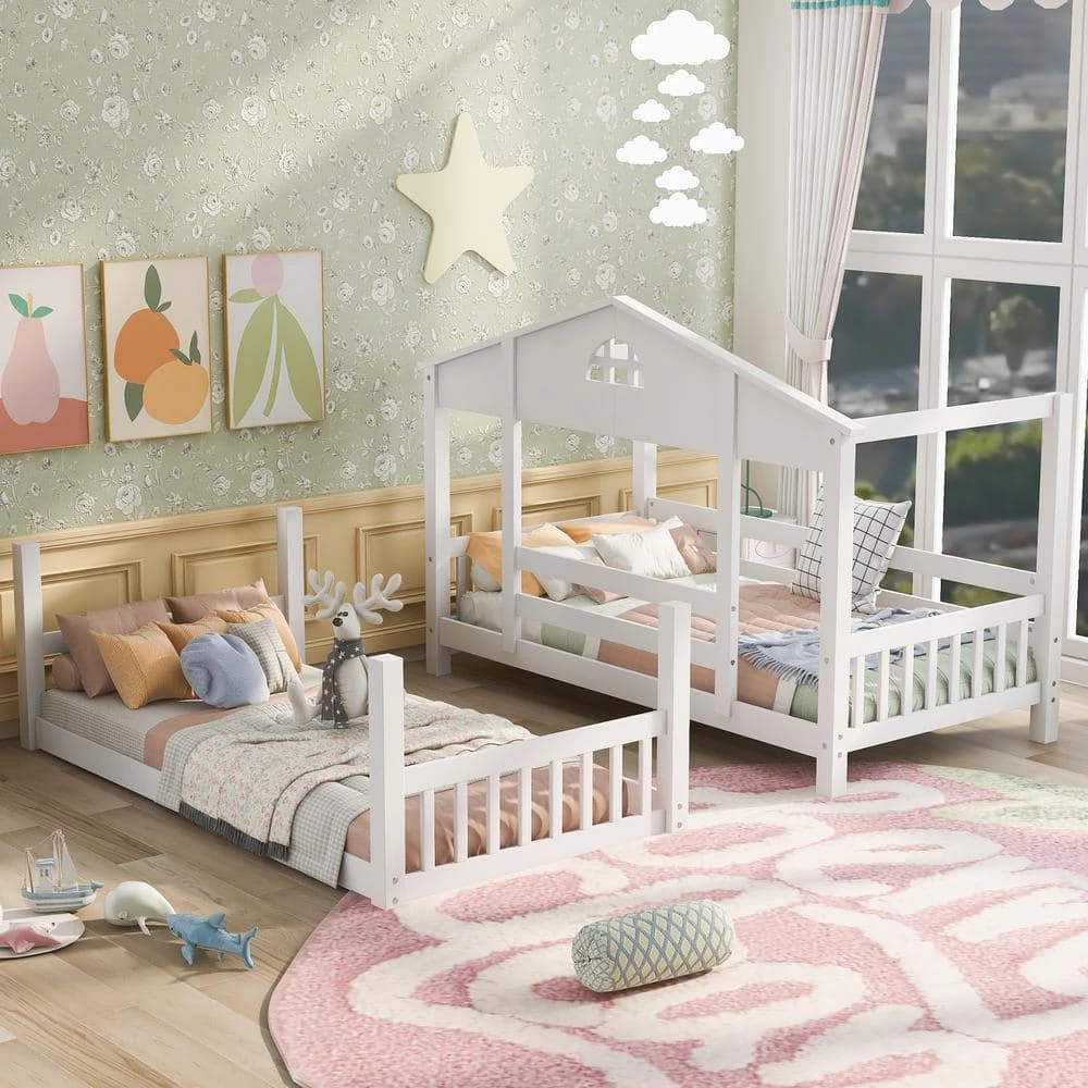 White Detachable Twin House Bunk Bed with Slide and Ladder, Wood Floor 2 Kids Bunk Bed Frame with Safety Rail by ANBAZAR 1 White Detachable Twin House Bunk Bed with Slide and Ladder, Wood Floor 2 Kids Bunk Bed Frame with Safety Rail by ANBAZAR
