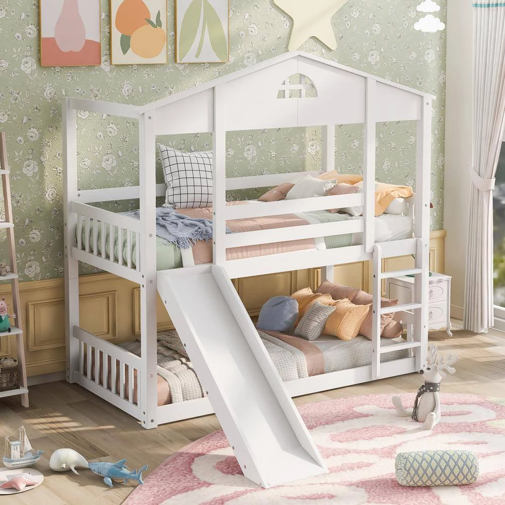 White Detachable Twin House Bunk Bed with Slide and Ladder, Wood Floor 2 Kids Bunk Bed Frame with Safety Rail by ANBAZAR 3 White Detachable Twin House Bunk Bed with Slide and Ladder, Wood Floor 2 Kids Bunk Bed Frame with Safety Rail by ANBAZAR - Image 3