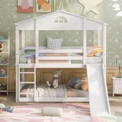 White Detachable Twin House Bunk Bed with Slide and Ladder, Wood Floor 2 Kids Bunk Bed Frame with Safety Rail by ANBAZAR 10 White Detachable Twin House Bunk Bed with Slide and Ladder, Wood Floor 2 Kids Bunk Bed Frame with Safety Rail by ANBAZAR -ANBAZAR Sales white anbazar bunk beds 01702anna k e1 1000