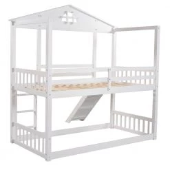 White Detachable Twin House Bunk Bed with Slide and Ladder, Wood Floor 2 Kids Bunk Bed Frame with Safety Rail by ANBAZAR 15 White Detachable Twin House Bunk Bed with Slide and Ladder, Wood Floor 2 Kids Bunk Bed Frame with Safety Rail by ANBAZAR -ANBAZAR Sales white anbazar bunk beds 01702anna k fa 1000
