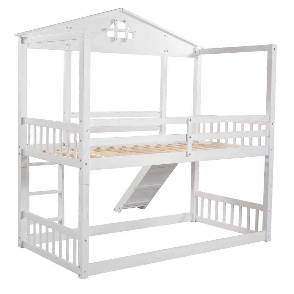 White Detachable Twin House Bunk Bed with Slide and Ladder, Wood Floor 2 Kids Bunk Bed Frame with Safety Rail by ANBAZAR 7 White Detachable Twin House Bunk Bed with Slide and Ladder, Wood Floor 2 Kids Bunk Bed Frame with Safety Rail by ANBAZAR - Image 7