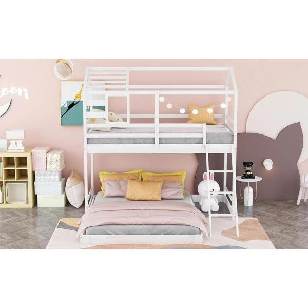 White Twin Over Full Kids House Bunk Bed with Ladder and Window, L-Shaped Wood Bunk Bed Frame with Full-Length Guardrail by ANBAZAR 9 White Twin Over Full Kids House Bunk Bed with Ladder and Window, L-Shaped Wood Bunk Bed Frame with Full-Length Guardrail by ANBAZAR - Image 9