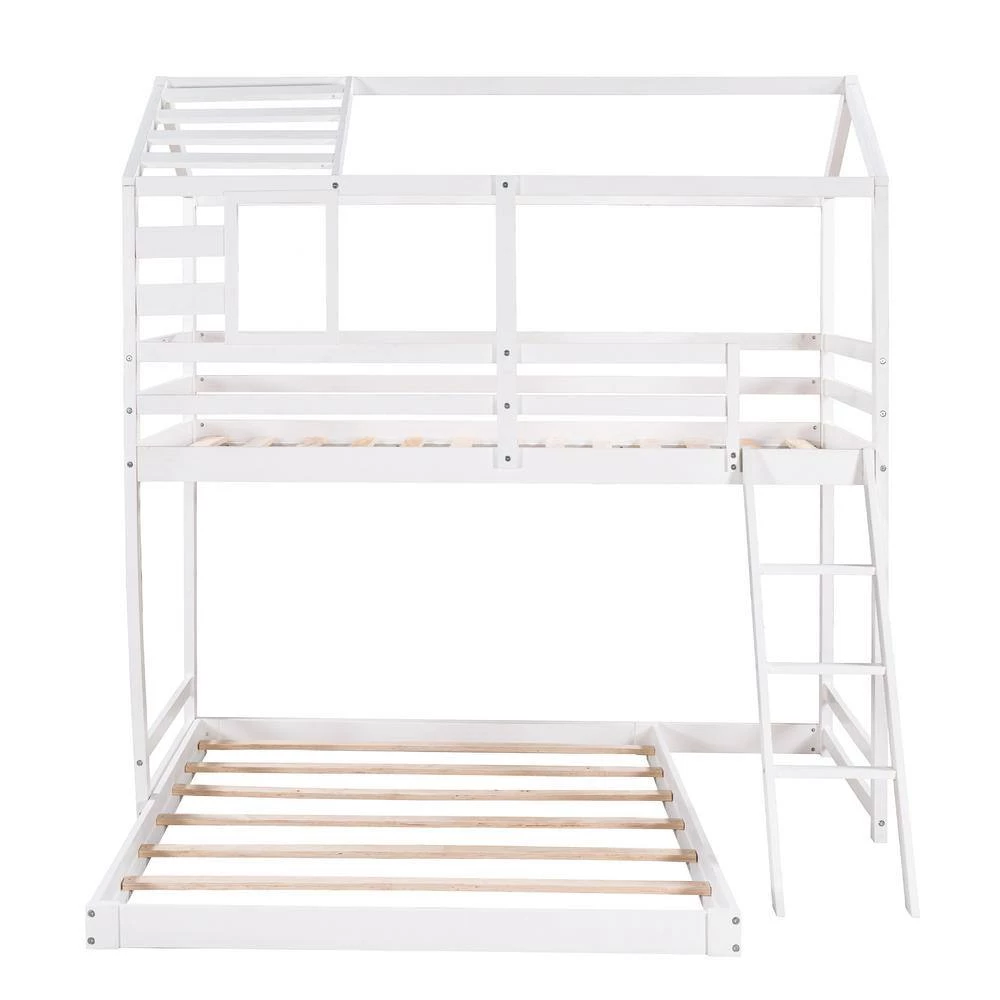 White Twin Over Full Kids House Bunk Bed with Ladder and Window, L-Shaped Wood Bunk Bed Frame with Full-Length Guardrail by ANBAZAR 4 White Twin Over Full Kids House Bunk Bed with Ladder and Window, L-Shaped Wood Bunk Bed Frame with Full-Length Guardrail by ANBAZAR - Image 4