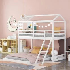 White Twin Over Full Kids House Bunk Bed with Ladder and Window, L-Shaped Wood Bunk Bed Frame with Full-Length Guardrail by ANBAZAR