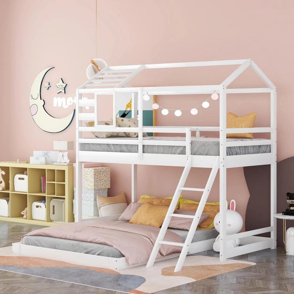 White Twin Over Full Kids House Bunk Bed with Ladder and Window, L-Shaped Wood Bunk Bed Frame with Full-Length Guardrail by ANBAZAR 1 White Twin Over Full Kids House Bunk Bed with Ladder and Window, L-Shaped Wood Bunk Bed Frame with Full-Length Guardrail by ANBAZAR