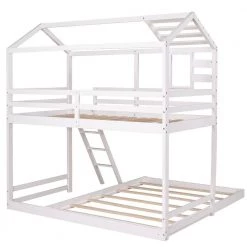 White Twin Over Full Kids House Bunk Bed with Ladder and Window, L-Shaped Wood Bunk Bed Frame with Full-Length Guardrail by ANBAZAR 16 White Twin Over Full Kids House Bunk Bed with Ladder and Window, L-Shaped Wood Bunk Bed Frame with Full-Length Guardrail by ANBAZAR -ANBAZAR Sales white anbazar bunk beds 01710anna k 76 1000