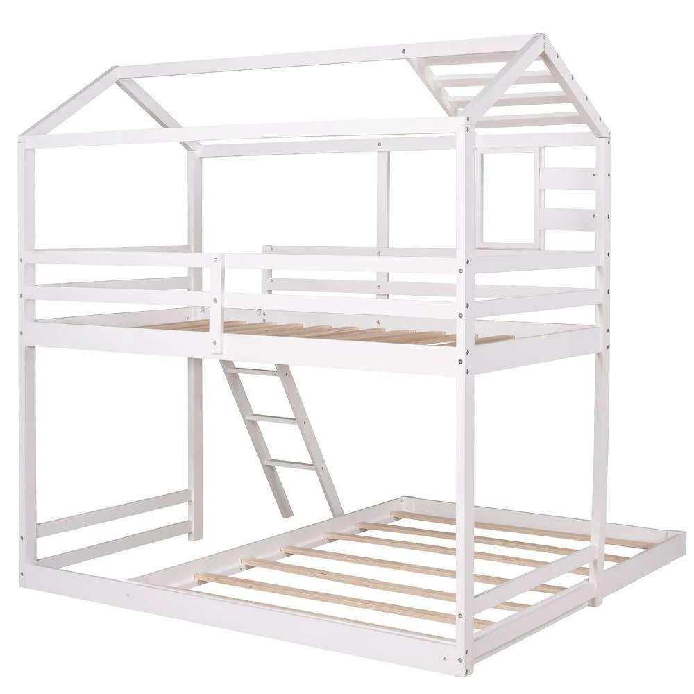 White Twin Over Full Kids House Bunk Bed with Ladder and Window, L-Shaped Wood Bunk Bed Frame with Full-Length Guardrail by ANBAZAR 8 White Twin Over Full Kids House Bunk Bed with Ladder and Window, L-Shaped Wood Bunk Bed Frame with Full-Length Guardrail by ANBAZAR - Image 8