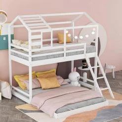 White Twin Over Full Kids House Bunk Bed with Ladder and Window, L-Shaped Wood Bunk Bed Frame with Full-Length Guardrail by ANBAZAR 11 White Twin Over Full Kids House Bunk Bed with Ladder and Window, L-Shaped Wood Bunk Bed Frame with Full-Length Guardrail by ANBAZAR -ANBAZAR Sales white anbazar bunk beds 01710anna k c3 1000