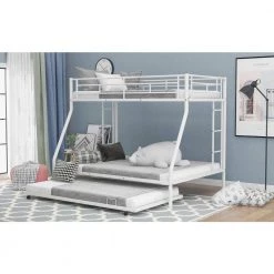 White Metal Twin Over Full Kids Bunk Bed with Twin Trundle, Heavy Duty Metal Bunk Bed Frame with Guardrail and 2 Ladders by ANBAZAR -ANBAZAR Sales white anbazar bunk beds 01714anna k 31 1000