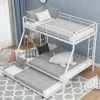 White Metal Twin Over Full Kids Bunk Bed with Twin Trundle, Heavy Duty Metal Bunk Bed Frame with Guardrail and 2 Ladders by ANBAZAR