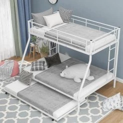 White Metal Twin Over Full Kids Bunk Bed with Twin Trundle, Heavy Duty Metal Bunk Bed Frame with Guardrail and 2 Ladders by ANBAZAR