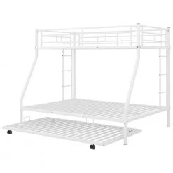 White Metal Twin Over Full Kids Bunk Bed with Twin Trundle, Heavy Duty Metal Bunk Bed Frame with Guardrail and 2 Ladders by ANBAZAR -ANBAZAR Sales white anbazar bunk beds 01714anna k fa 1000