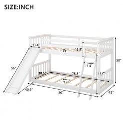 White Twin Over Twin Bunk Bed Frame with Convertible Slide and Ladder, Wood Floor Kids Bunk Bed Frame with Guardrail by ANBAZAR -ANBAZAR Sales white anbazar bunk beds 01717anna k 1f 1000
