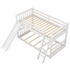 White Twin Over Twin Bunk Bed Frame with Convertible Slide and Ladder, Wood Floor Kids Bunk Bed Frame with Guardrail by ANBAZAR -ANBAZAR Sales white anbazar bunk beds 01717anna k 44 1000