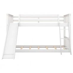 White Twin Over Twin Bunk Bed Frame with Convertible Slide and Ladder, Wood Floor Kids Bunk Bed Frame with Guardrail by ANBAZAR -ANBAZAR Sales white anbazar bunk beds 01717anna k 4f 1000