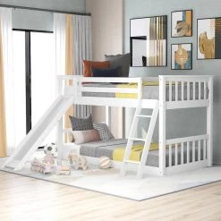 White Twin Over Twin Bunk Bed Frame with Convertible Slide and Ladder, Wood Floor Kids Bunk Bed Frame with Guardrail by ANBAZAR -ANBAZAR Sales white anbazar bunk beds 01717anna k c3 1000