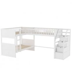 White Twin Size L-Shaped Triple Kids Bunk Beds with Storage Staircase and Ladder, Twin Wood Bunk Bed Frame with Loft Bed by ANBAZAR -ANBAZAR Sales white anbazar bunk beds 01723anna k 4f 1000