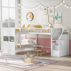 White Twin Size L-Shaped Triple Kids Bunk Beds with Storage Staircase and Ladder, Twin Wood Bunk Bed Frame with Loft Bed by ANBAZAR