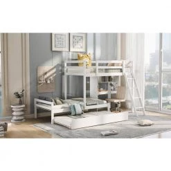 White Twin Kids Bunk Bed with Trundle and Built-in Desk, Wooden Bunk Bed with Convertible Ladder and Down Bed by ANBAZAR -ANBAZAR Sales white anbazar bunk beds 01749anna k 31 1000