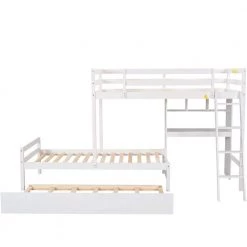 White Twin Kids Bunk Bed with Trundle and Built-in Desk, Wooden Bunk Bed with Convertible Ladder and Down Bed by ANBAZAR -ANBAZAR Sales white anbazar bunk beds 01749anna k 4f 1000