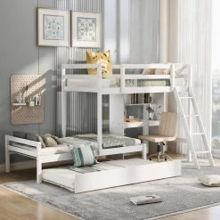 White Twin Kids Bunk Bed with Trundle and Built-in Desk, Wooden Bunk Bed with Convertible Ladder and Down Bed by ANBAZAR -ANBAZAR Sales white anbazar bunk beds 01749anna k c3 1000
