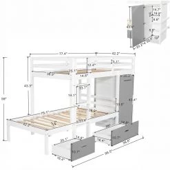 White Twin Bunk Bed with Built-in Storage Wardrobe and 2 Drawers, Wood Kids Bunk Bed with Guardrail and Ladder by ANBAZAR 13 White Twin Bunk Bed with Built-in Storage Wardrobe and 2 Drawers, Wood Kids Bunk Bed with Guardrail and Ladder by ANBAZAR -ANBAZAR Sales white anbazar bunk beds 01755anna k 1f 1000