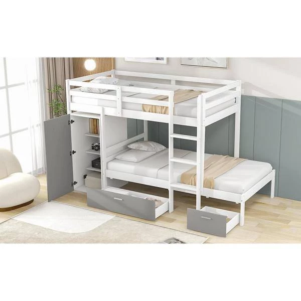 White Twin Bunk Bed with Built-in Storage Wardrobe and 2 Drawers, Wood Kids Bunk Bed with Guardrail and Ladder by ANBAZAR 9 White Twin Bunk Bed with Built-in Storage Wardrobe and 2 Drawers, Wood Kids Bunk Bed with Guardrail and Ladder by ANBAZAR - Image 9