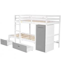 White Twin Bunk Bed with Built-in Storage Wardrobe and 2 Drawers, Wood Kids Bunk Bed with Guardrail and Ladder by ANBAZAR 14 White Twin Bunk Bed with Built-in Storage Wardrobe and 2 Drawers, Wood Kids Bunk Bed with Guardrail and Ladder by ANBAZAR -ANBAZAR Sales white anbazar bunk beds 01755anna k 44 1000