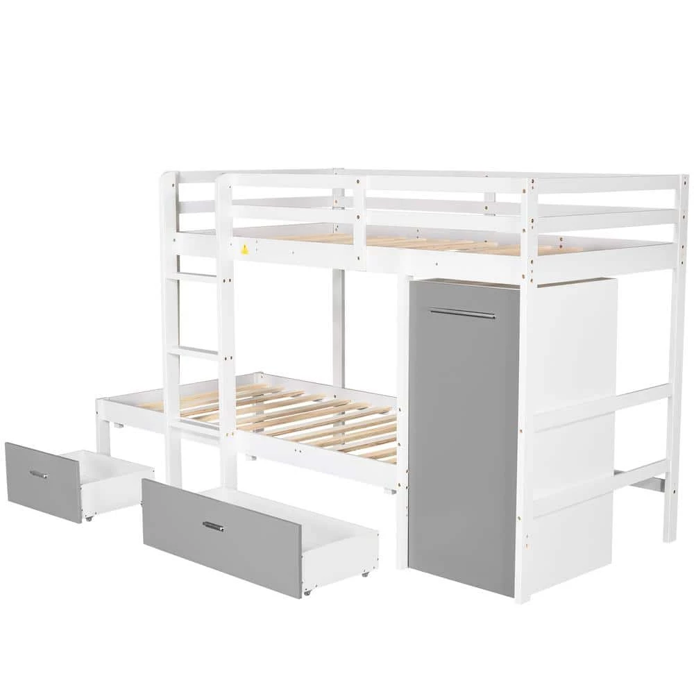 White Twin Bunk Bed with Built-in Storage Wardrobe and 2 Drawers, Wood Kids Bunk Bed with Guardrail and Ladder by ANBAZAR 6 White Twin Bunk Bed with Built-in Storage Wardrobe and 2 Drawers, Wood Kids Bunk Bed with Guardrail and Ladder by ANBAZAR - Image 6