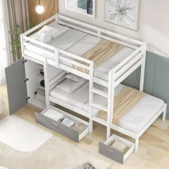 White Twin Bunk Bed with Built-in Storage Wardrobe and 2 Drawers, Wood Kids Bunk Bed with Guardrail and Ladder by ANBAZAR