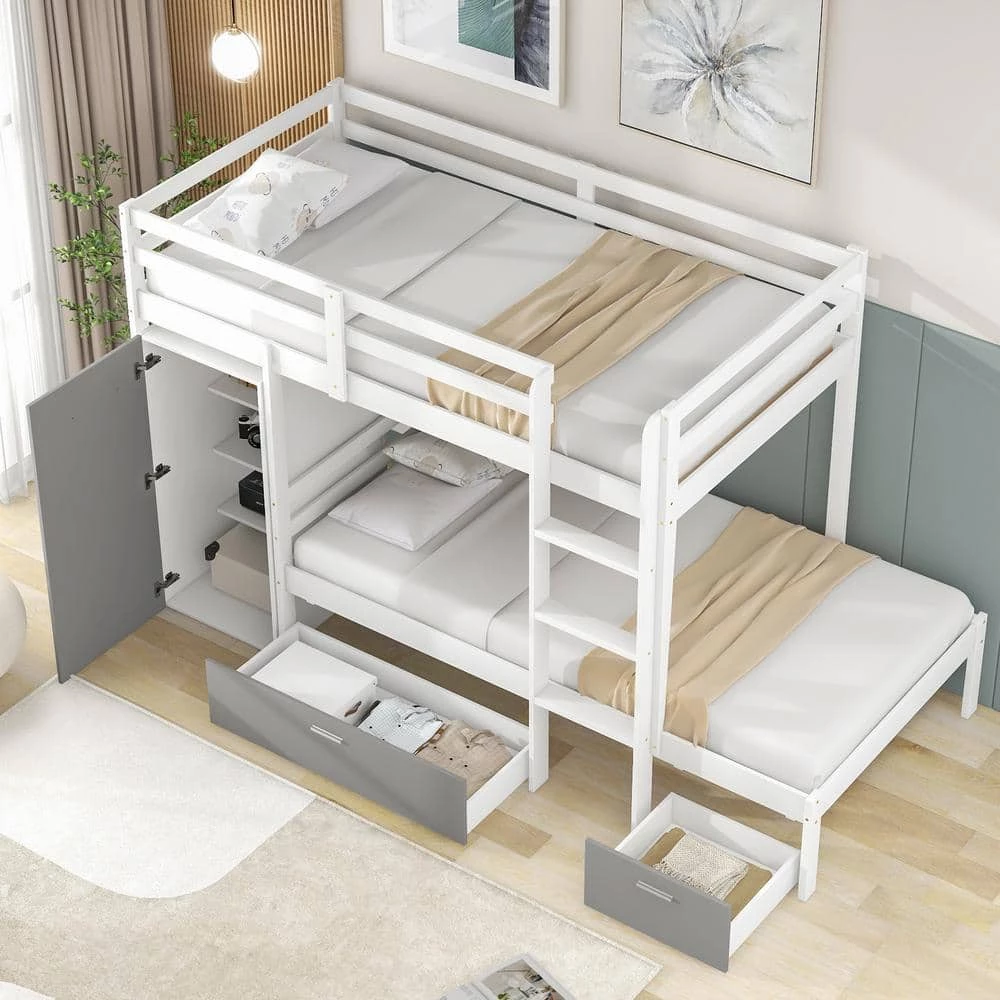 White Twin Bunk Bed with Built-in Storage Wardrobe and 2 Drawers, Wood Kids Bunk Bed with Guardrail and Ladder by ANBAZAR 1 White Twin Bunk Bed with Built-in Storage Wardrobe and 2 Drawers, Wood Kids Bunk Bed with Guardrail and Ladder by ANBAZAR