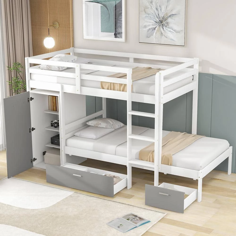White Twin Bunk Bed with Built-in Storage Wardrobe and 2 Drawers, Wood Kids Bunk Bed with Guardrail and Ladder by ANBAZAR 3 White Twin Bunk Bed with Built-in Storage Wardrobe and 2 Drawers, Wood Kids Bunk Bed with Guardrail and Ladder by ANBAZAR - Image 3