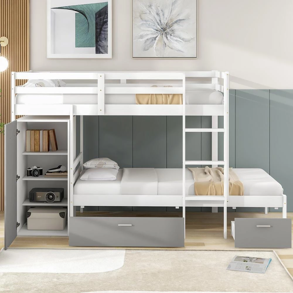 White Twin Bunk Bed with Built-in Storage Wardrobe and 2 Drawers, Wood Kids Bunk Bed with Guardrail and Ladder by ANBAZAR 2 White Twin Bunk Bed with Built-in Storage Wardrobe and 2 Drawers, Wood Kids Bunk Bed with Guardrail and Ladder by ANBAZAR - Image 2
