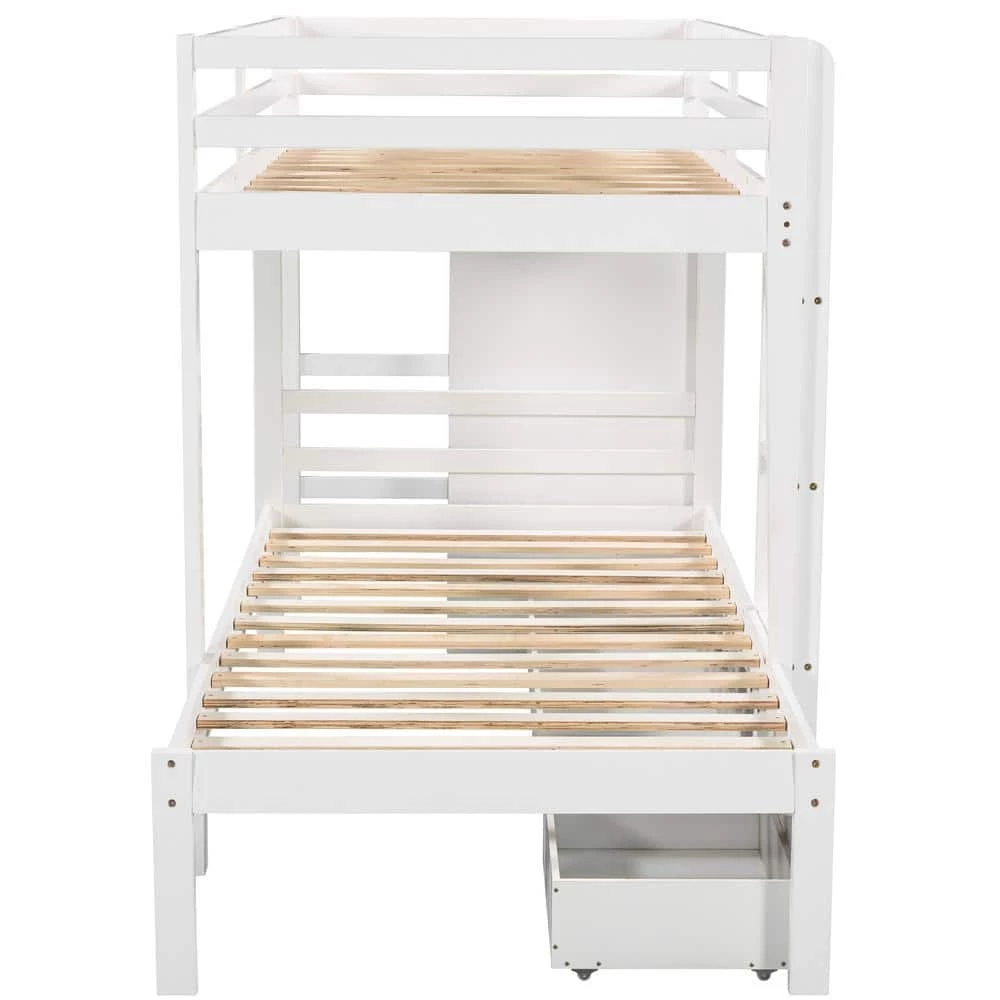 White Twin Bunk Bed with Built-in Storage Wardrobe and 2 Drawers, Wood Kids Bunk Bed with Guardrail and Ladder by ANBAZAR 7 White Twin Bunk Bed with Built-in Storage Wardrobe and 2 Drawers, Wood Kids Bunk Bed with Guardrail and Ladder by ANBAZAR - Image 7