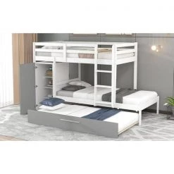 White Twin Bunk Bed with Built-in Storage Wardrobe and Trundle, Wood Kids Bunk Bed with Guardrail and Ladder by ANBAZAR -ANBAZAR Sales white anbazar bunk beds 01756anna k 31 1000