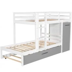 White Twin Bunk Bed with Built-in Storage Wardrobe and Trundle, Wood Kids Bunk Bed with Guardrail and Ladder by ANBAZAR -ANBAZAR Sales white anbazar bunk beds 01756anna k 44 1000