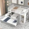 White Twin Bunk Bed with Built-in Storage Wardrobe and Trundle, Wood Kids Bunk Bed with Guardrail and Ladder by ANBAZAR